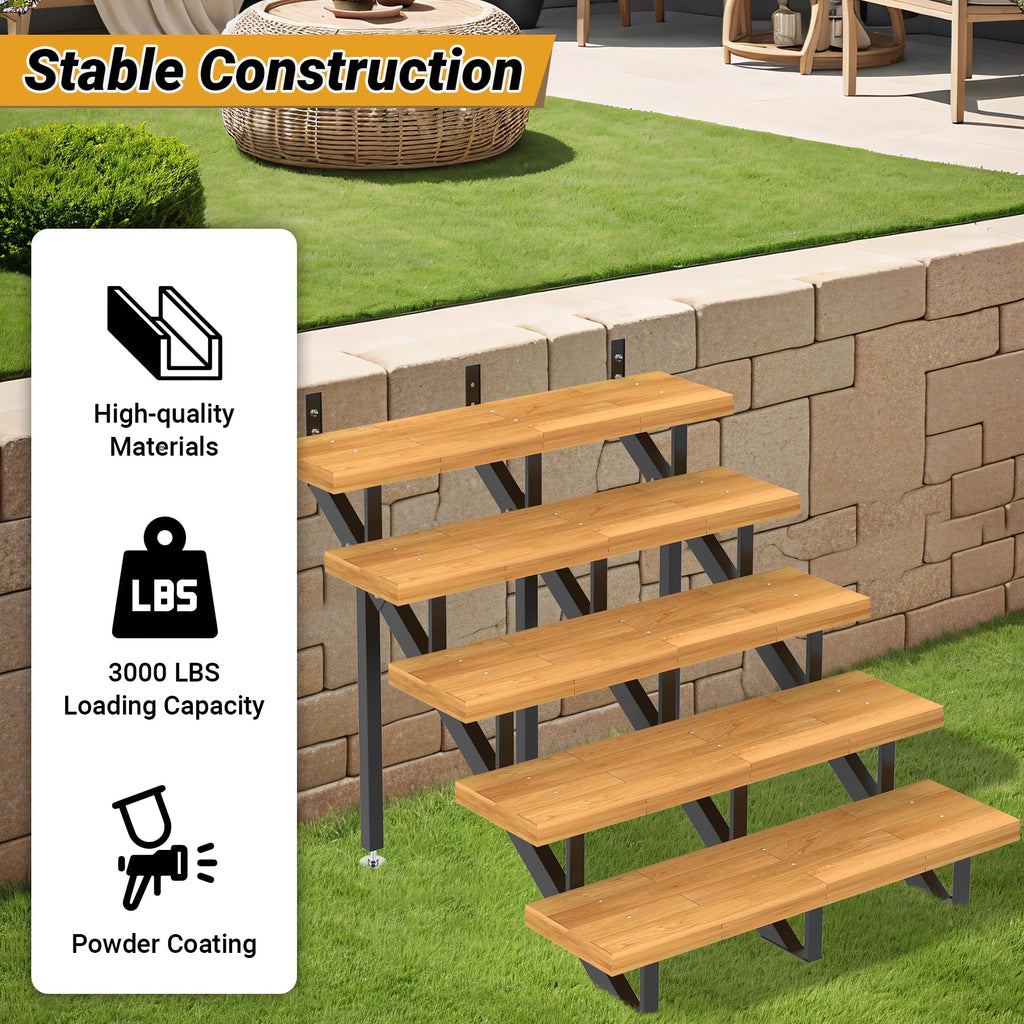 Steel Stair Step Riser 5-Step-3 Pack, Metal Stair Stringer with Reinforcing Support Legs, Heavy Duty Steel Stair