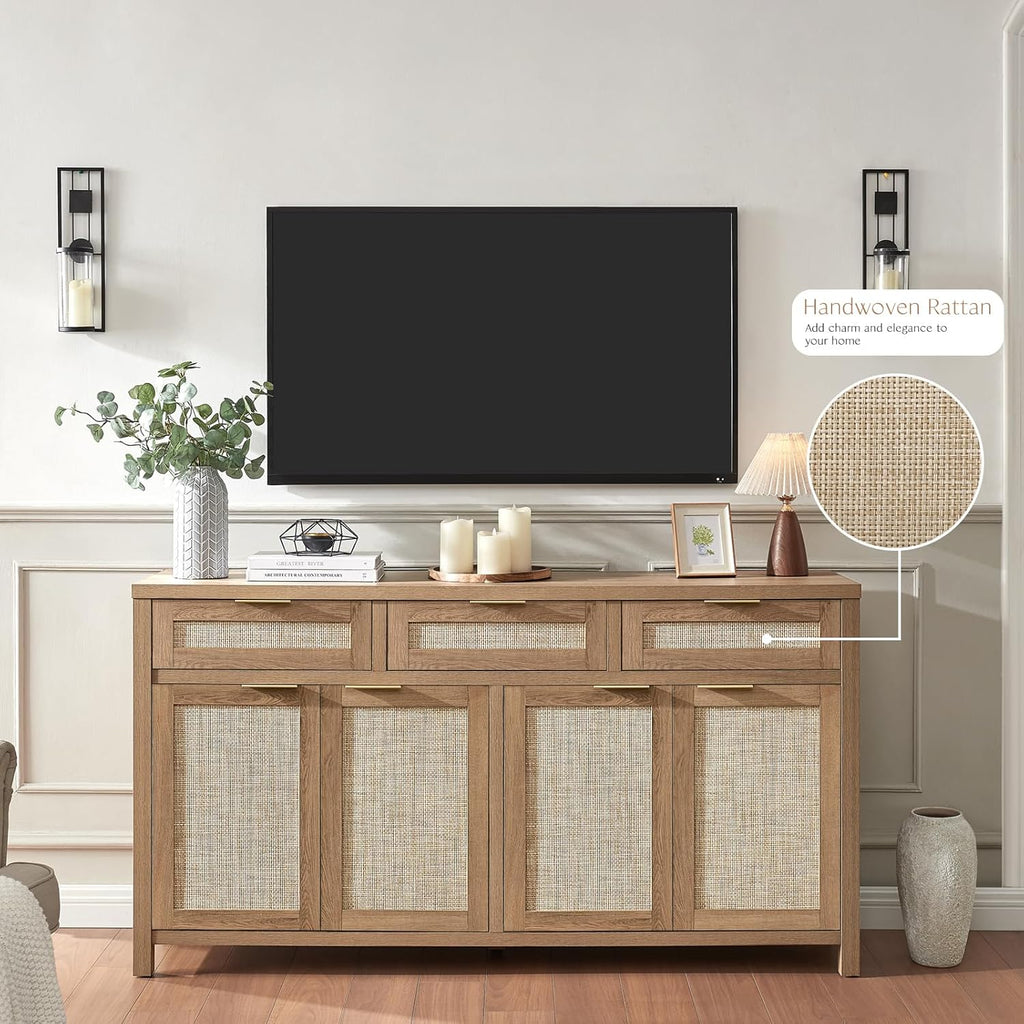 63" Rattan Sideboard Buffet Cabinet, Boho Storage Cabinet with Adjustable Shelves