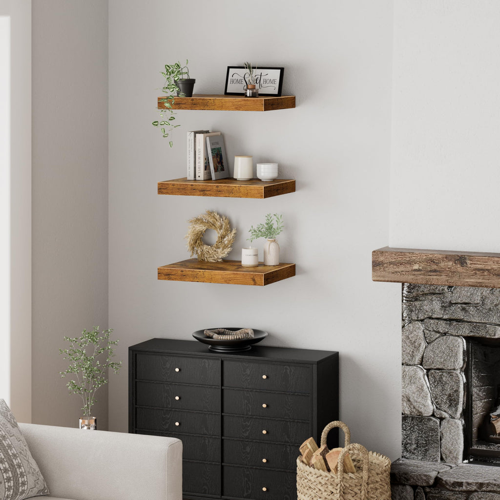 12" Deep Floating Projector Shelves Under TV Shelf (Brown, Set of 3)