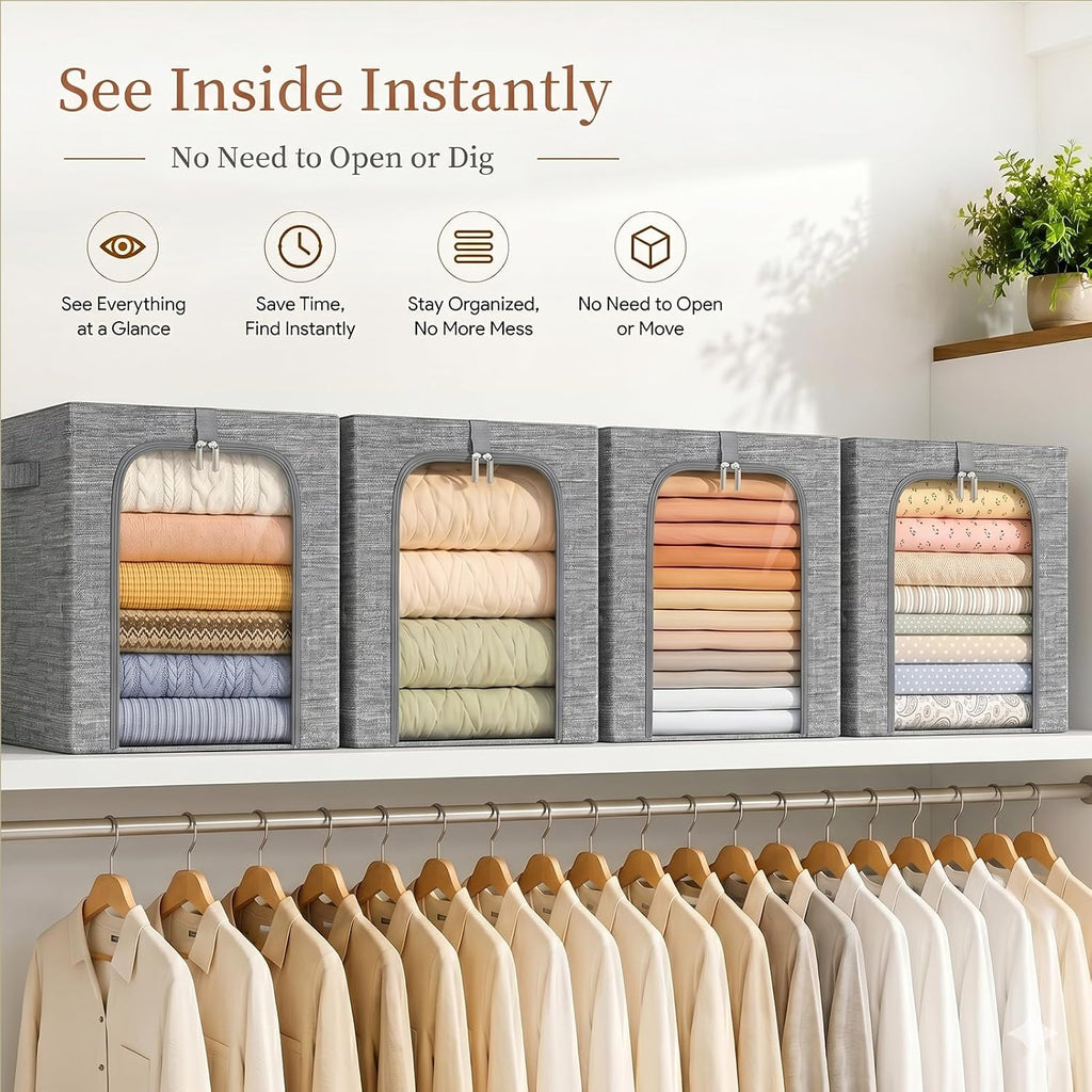Clothes Storage Bins with Metal Frame for Closet, 40L 6-Pack Grey | Sweaters Hoodies Jeans T-Shirt, Closet Top Shelf