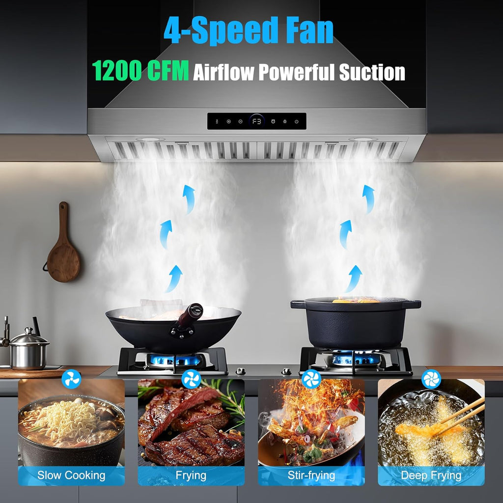 30 Inch Stainless Steel Wall Mount Range Hood 1200 CFM 4 Speed Gesture & Touch Control, LED Lights Dishwasher-Safe Baffle Filters, Ducted Timer