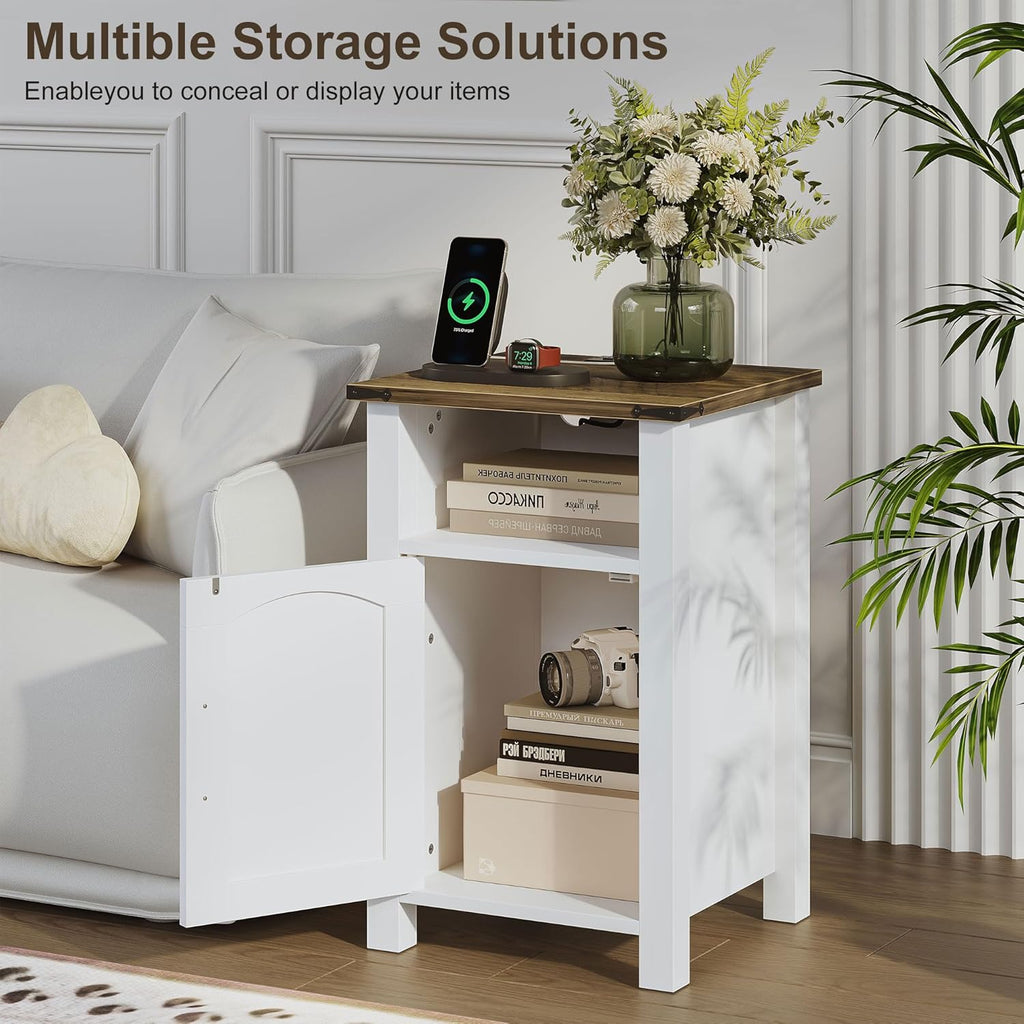 Farmhouse Nightstand with Charging Station, Set of 2 End Table with USB/Type-C Ports, Rustic Bedside Table with Large