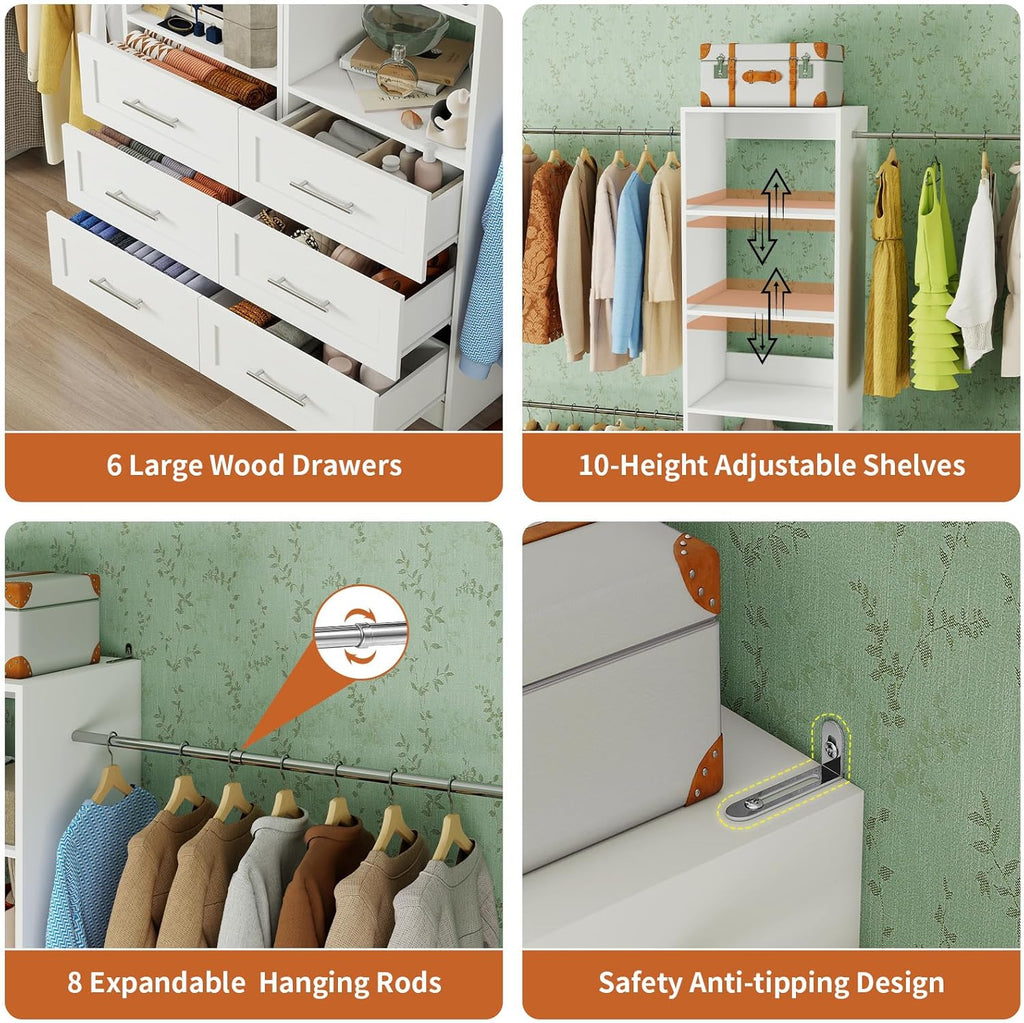 Closet System with 6 Drawers, 5-14FT Custom Closet Organizer System with 8 Expandable Hanging Rods&Adjustable
