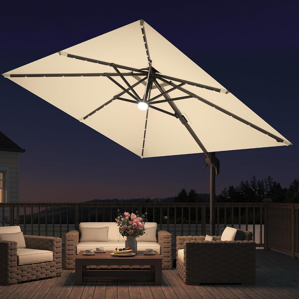 9x9 FT Cantilever Patio Umbrella with Base & Solar LED, Beige | 9x9 FT square shade, weighted base included