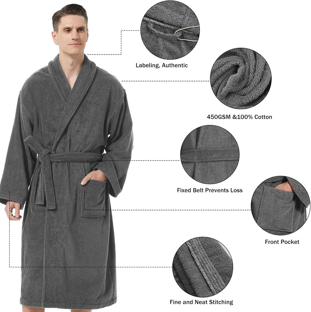 Men's Robe,Pure Cotton Robe for Men,Absorbent Bathrobe,Luxurious Terry Cloth Bathrobe with Shawl Collar