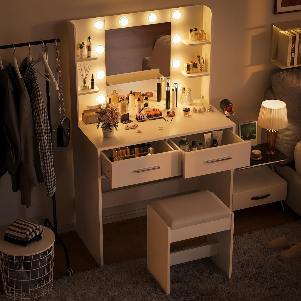 Make up Vanity Desk with Mirror and Power Outlet, Vanity with 3 Color Light Options Adjustable Brightness, Vanity