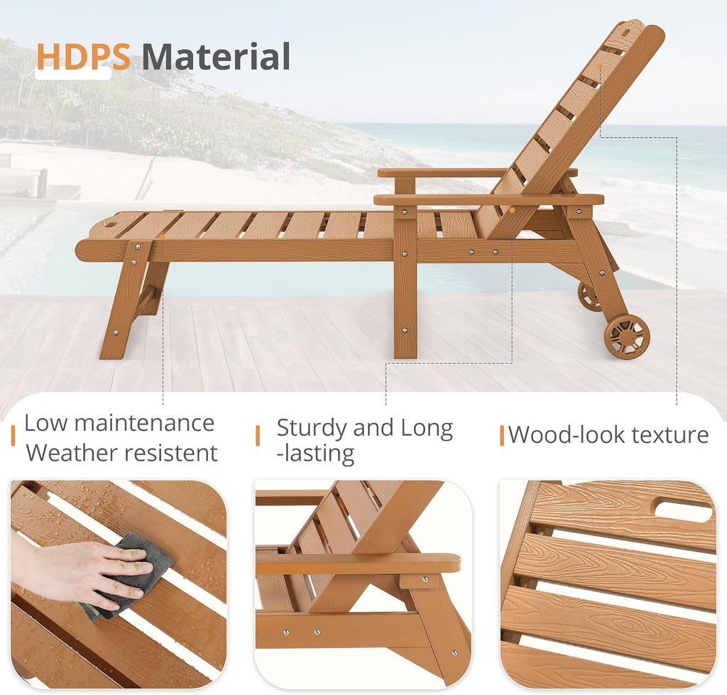 Outdoor Chaise Lounge, 5‐Position, 2‐Pack, Teak Color | HDPS Oversized Lounge Chair with Armrest, Fade & Crack