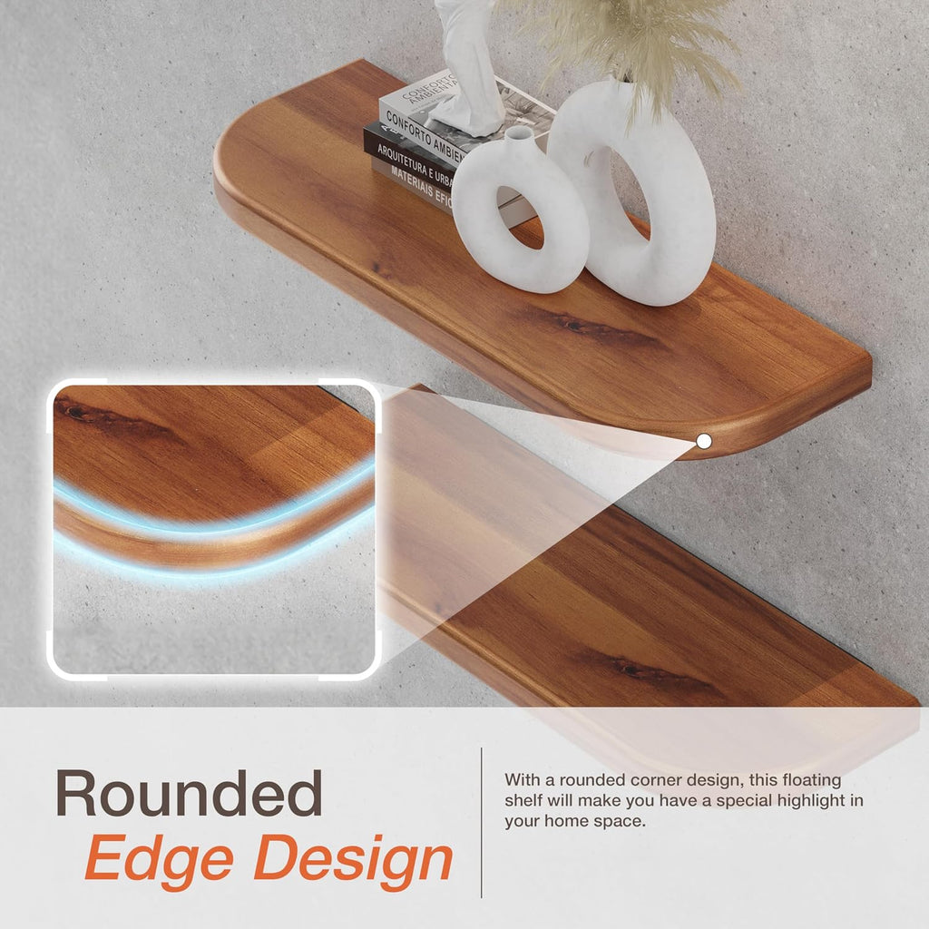 17" Acacia Wood Floating Shelves Wall Mounted (Round Edge) - Rustic Farmhouse Wooden Wall Storage Shelf - Brackets