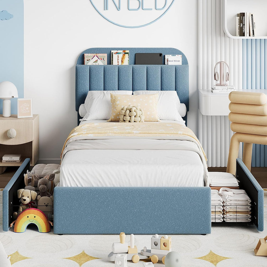 Twin Bed Frame for Kids, Boucle Upholstered Platform Bed for Boys with 2 Flexible Drawers, Bookcase Headboard