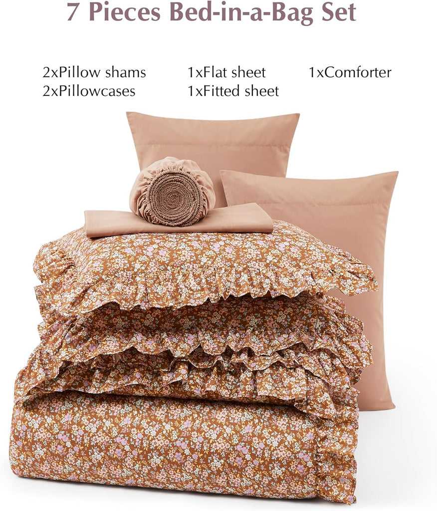 Comforter Set - 7 Pieces Ruffle Brown Bedding Sets, Shabby Chic Farmhouse Bed in a Bag with Ruffle Comforter