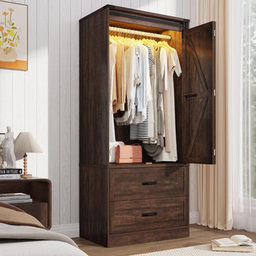 Farmhouse 2 Doors Armoire Wardrobe Closet w/ Folding Sliding Barn Door and Lights, LED Armoire Closet w/Drawers