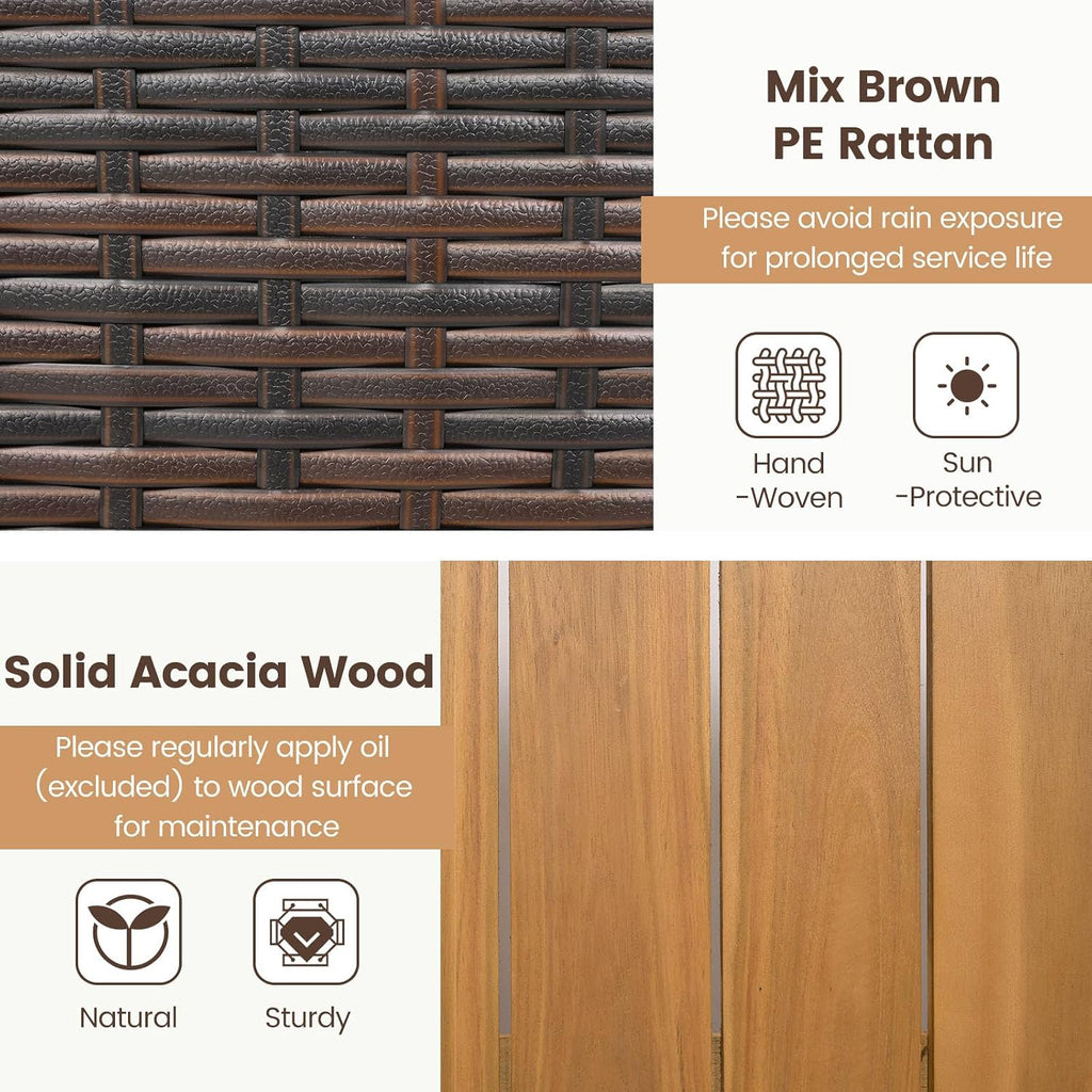 Outdoor Storage Bench, Outside Cushioned Loveseat Seating with Acacia Wood Backrest, 2 Folding Side Tables & 2 Doors