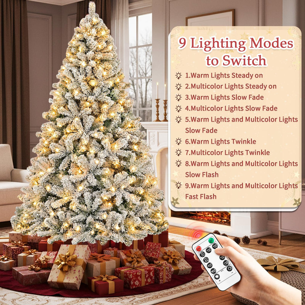 7.5FT Pre-lit Snow Flocked Christmas Tree with Remote Control, Convenient Foot Switch, 9 Modes 450 Multicolor LED
