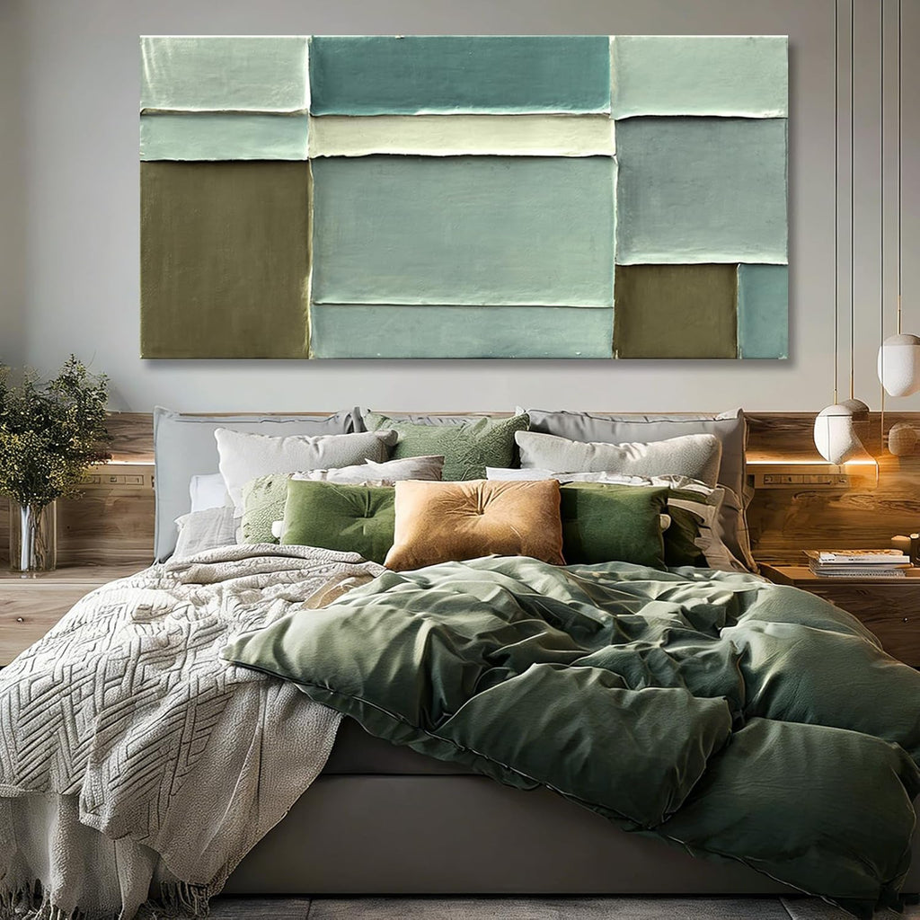 Modern Abstract Green Canvas Wall Art Soft Neutral Color Hand Painting Block Design Minimalist Artwork Bedroom Office
