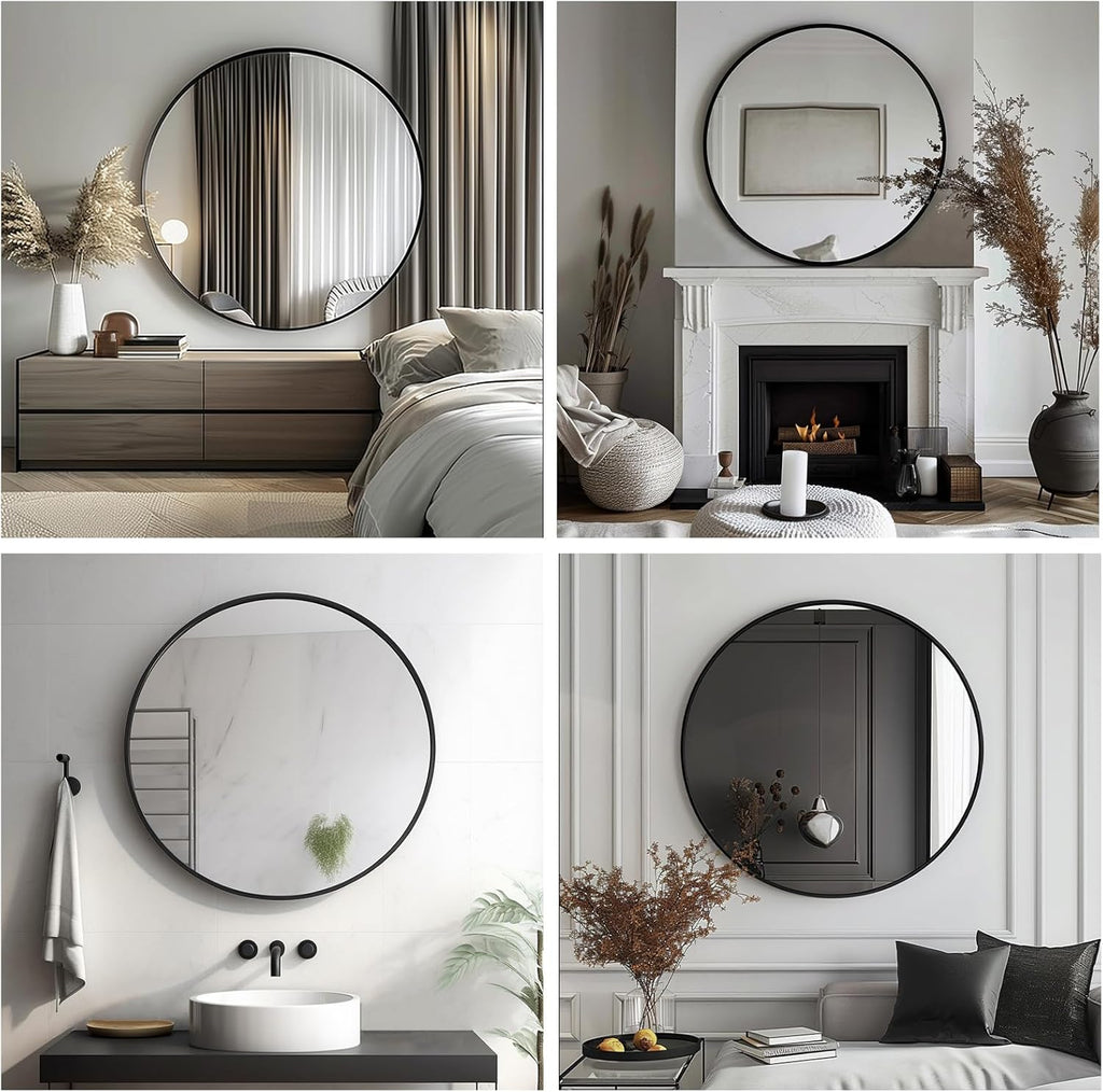 Black Round Mirror, Round Mirror 24 inch, Black Circle Mirrors Matte Metal Frame, Wall Mounted Mirrors , Wall, Entryway.
