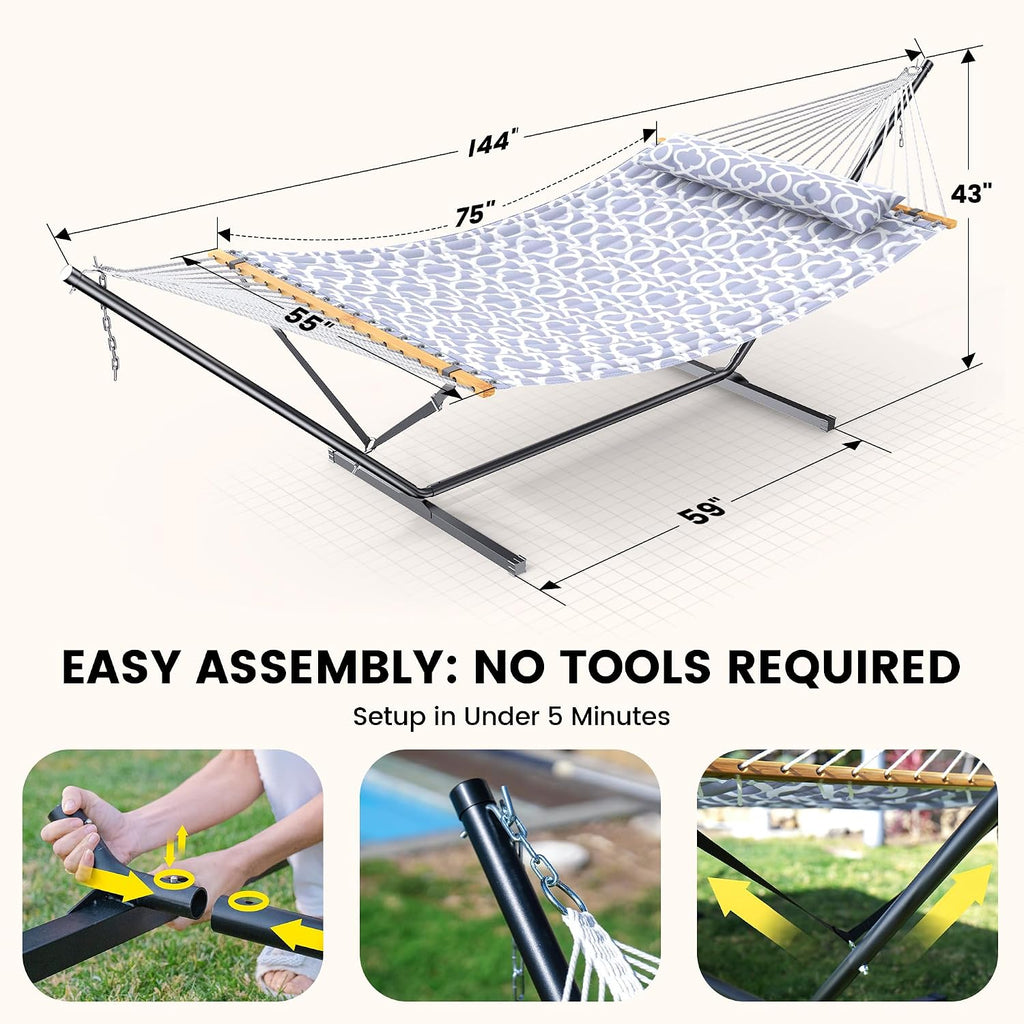 Double Hammock with Stand, Heavy Duty Outdoor Hammock for Two, 500 LBS Capacity, Stable Steel Frame with Balance