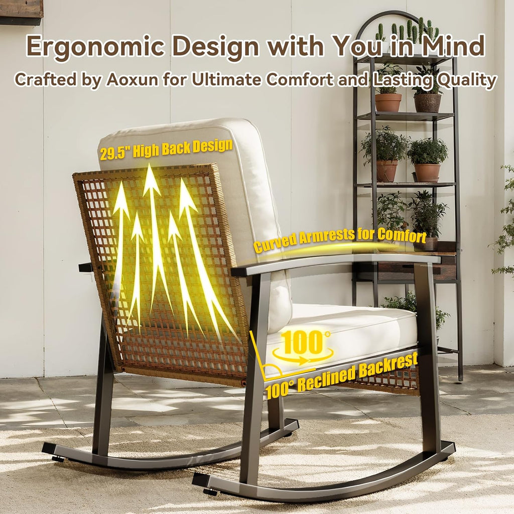 3-Piece Outdoor Rocking Bistro Set, Patio Furniture Set with Coffee Table and Thick Cushions, Wicker Rocking Chairs