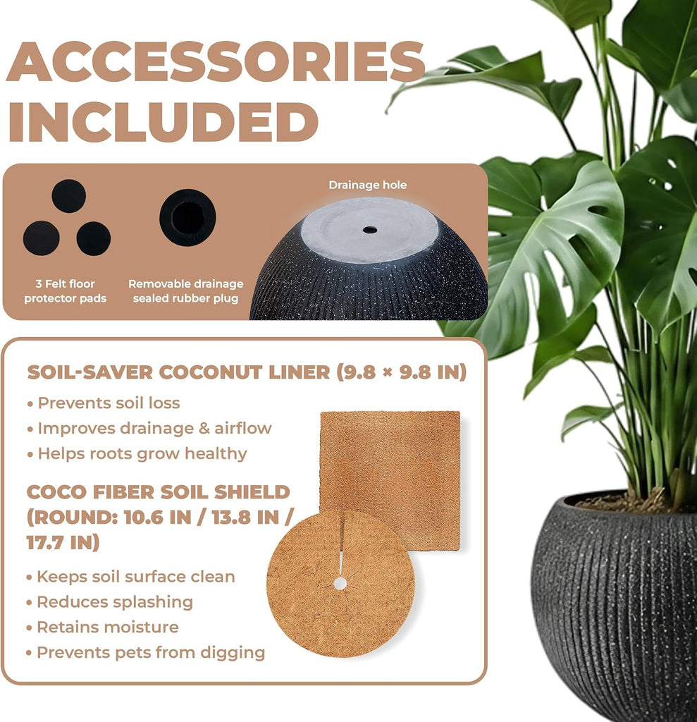 Marlo Fiberstone Round Planter, Ribbed Finishes (L, Black) | Lightweight, UV & Crack Resistant, Modern Minimalist