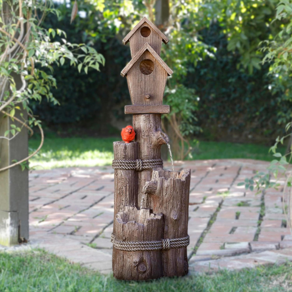 35" Tall Outdoor 3-Tier Birdhouse Water Fountain with Cardinal Accent, Rustic Floor Decor and Patio, Brown