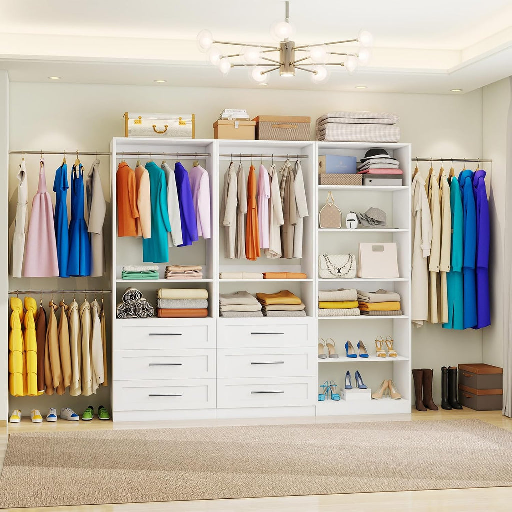 Closet System with 3 Sets, 6-15.8FT Custom Closet Organizer System with 6 Drawers & 8 Shelves & 5 Hanging Rods, Max