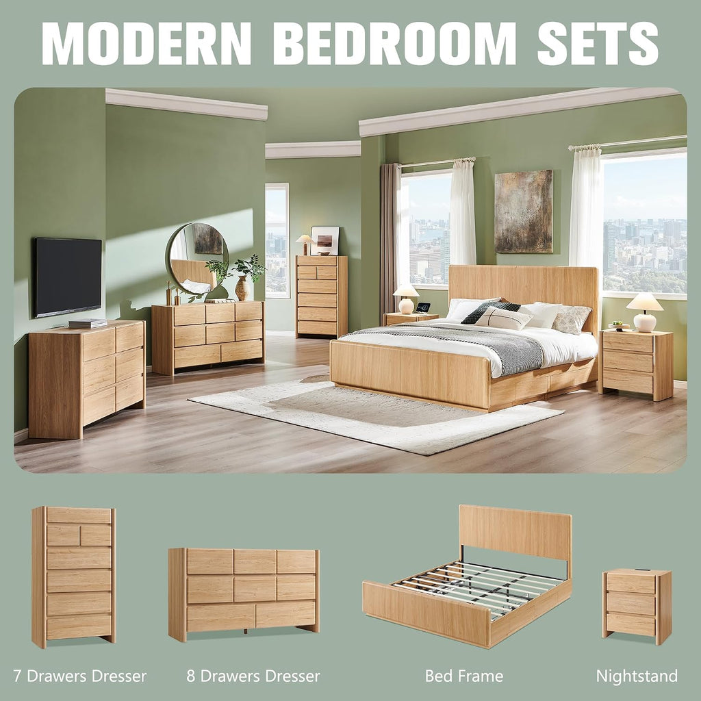 Modern 7 Drawers Dresser , 54.7" Tall Large Dresser & Chests of Drawers w/Rounded Corner, Wood Handleless Organizer