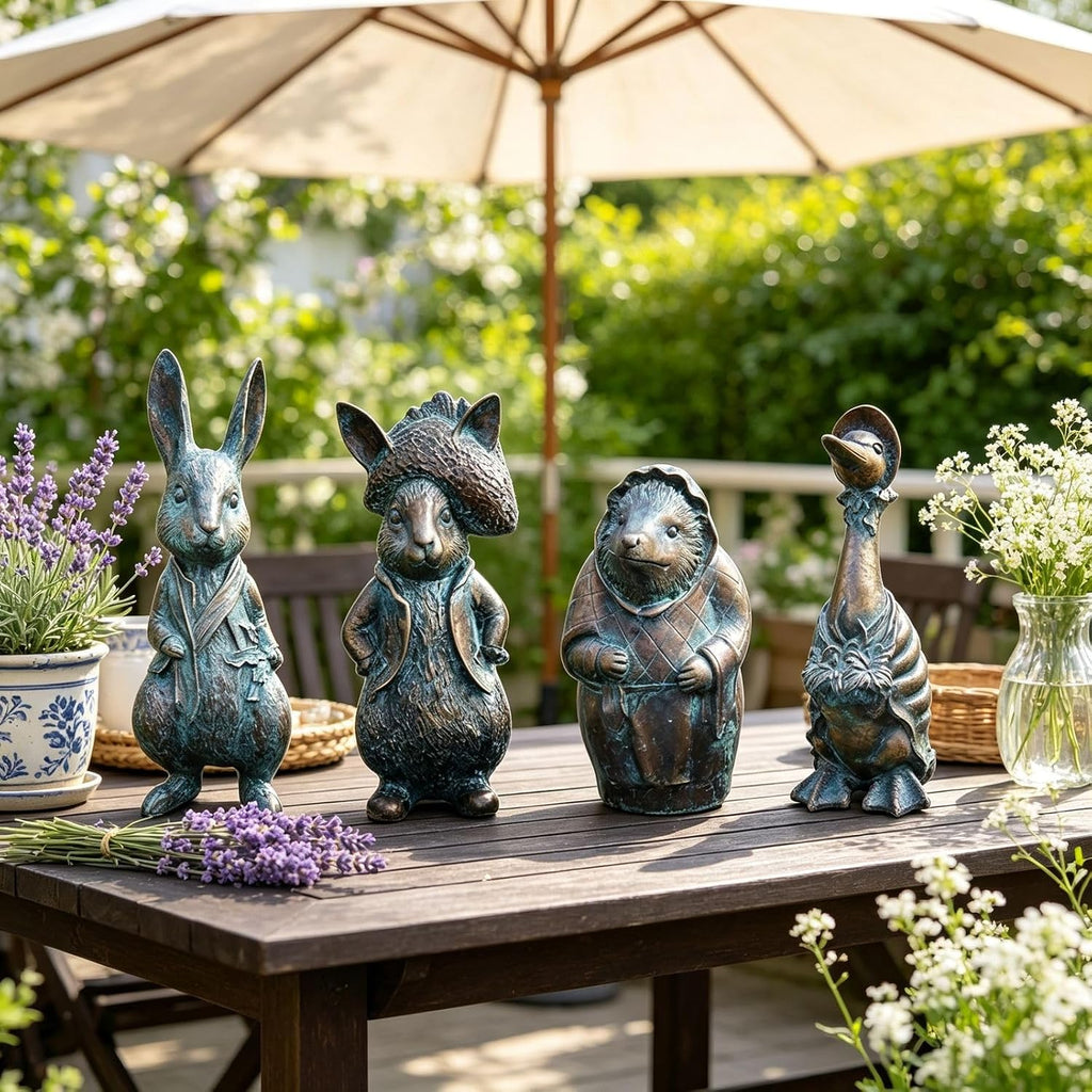 4-Piece Faux Bronze Resin Animal Statue Set Garden Decor Gift | Ideal gift set for garden lovers, housewarming