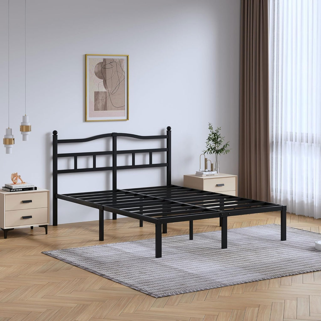 14 Inch Metal Bed Frame - Queen Heavy Duty Bedframe with Headboard Black Basic Steel Slats Platform No Box Spring