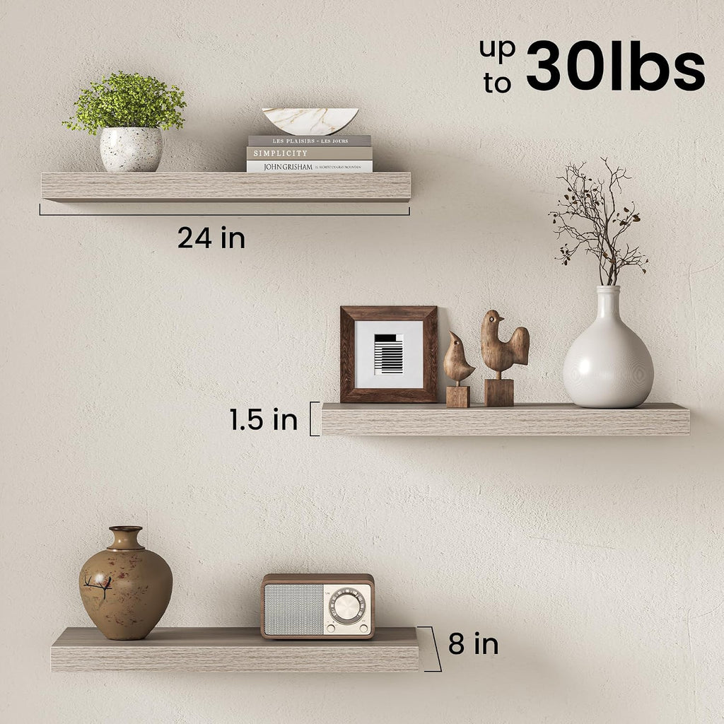 24" Floating Shelves for Wall, Set of 3, 8" Deep, 1.5" Thick, Gray | Rustic Wood Wall Shelves with Invisible