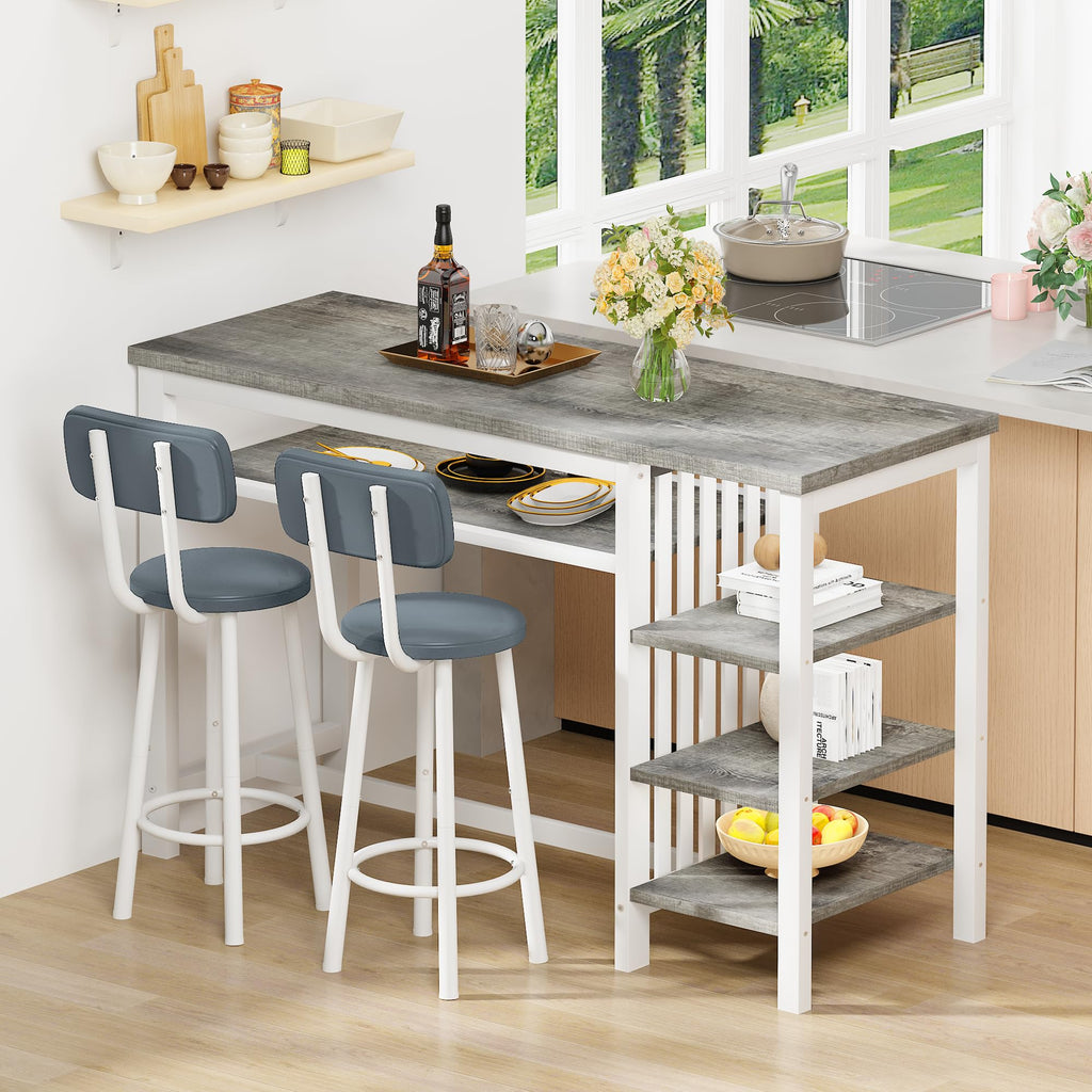 3-Piece Bar Table and Chairs Set, Counter Height Dining Table Set with Storage & 2 Upholstered Stools, Hightop