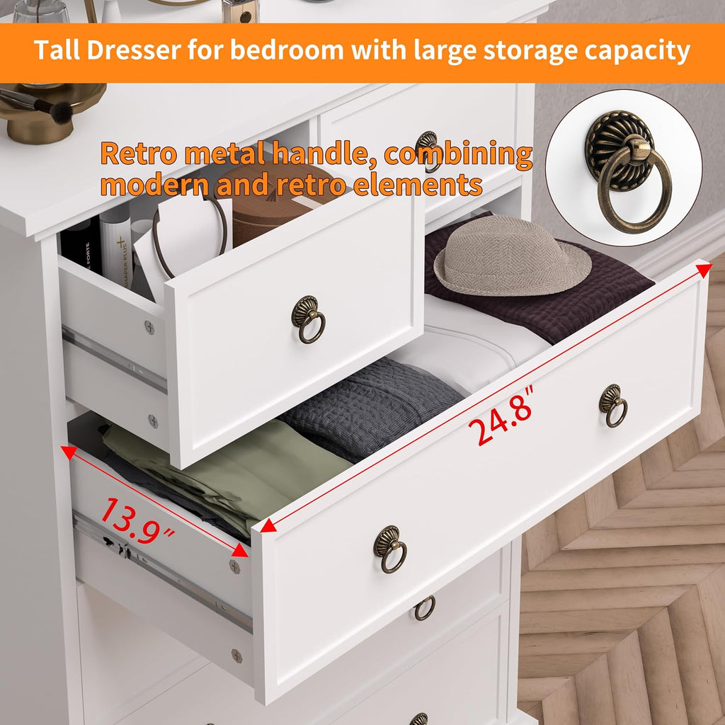 6 Drawer Tall Dresser , White Large Chest of Drawers, Modern Farmhouse 6 Drawers Storage Dresser