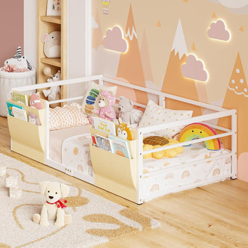 Floor Bed for Kids, White | Safety Guardrails, Montessori Bed Frame, Bedside Caddy, Suitable