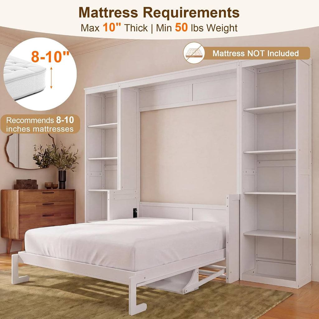 Murphy Bed Queen with Small Desk and Bookcase, Vertical Murphy Wall Bed Cabinet Desk and Bookshelf Storage Combo