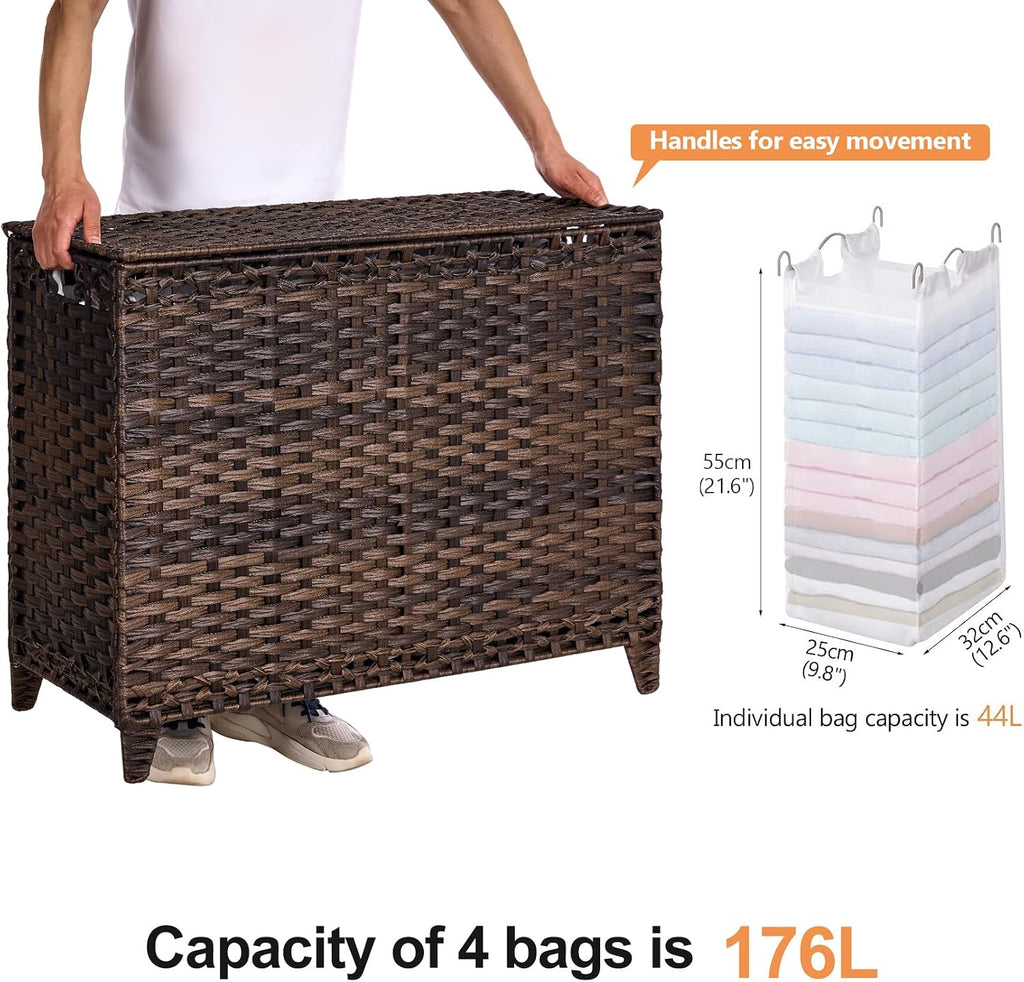 Laundry Hamper with 4 Removable Liner Bags, 176L Laundry Sorter with Lid | Raised Feet; Side Carry Handles; Handwoven