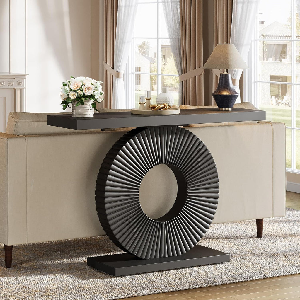 Modern Entryway Console Table, 39 inch Wooden Narrow Sofa Table Behind Couch with Geometric Base, Contemporary Accent