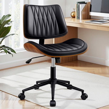 Ergonomic Armless Office Desk Chair - Mid-Century Modern Black Faux Leather with Diamond Stitch, Adjustable Height