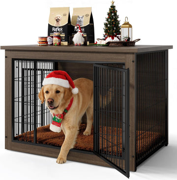 Wooden Dog Crate Furniture with Thick Cushion, Indoor Side Table Dog Kennel
