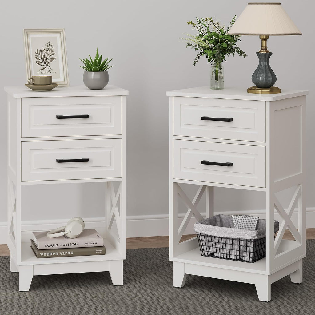 Nightstand Set of 2, 30" Tall Side Table with 2 Drawers and Open Shelf, Bedside Table with Solid Feet, Modern Night