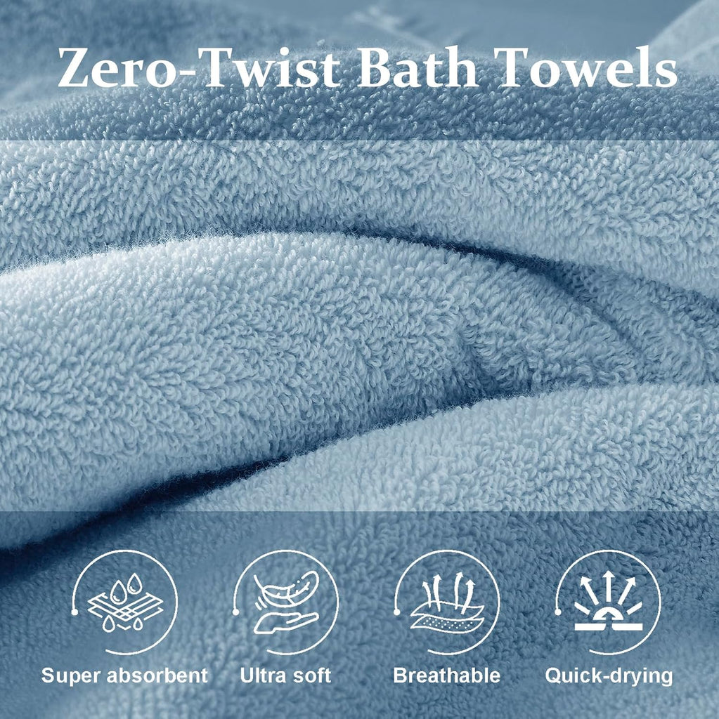Luxury Bath Towels 4 PCS, 27x54 650 GSM Turkish Cotton, Light Blue | Zero Twist 100% Ring Spun Cotton, Fluffy, Ultra