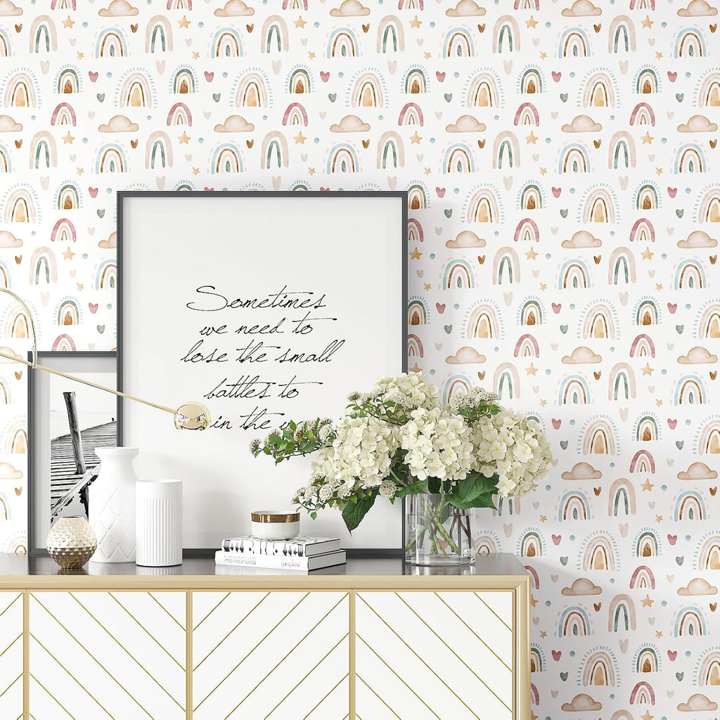 17.7"x236" Boho Wallpaper Peel and Stick Rainbow Wallpaper Kids Rainbow Cloud Heart Star Vinyl Roll Removable Self
