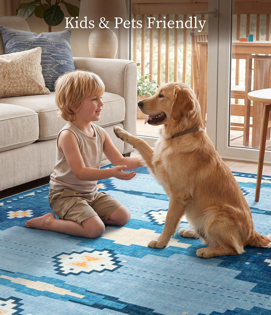 Washable Blue Geometric Area Rug