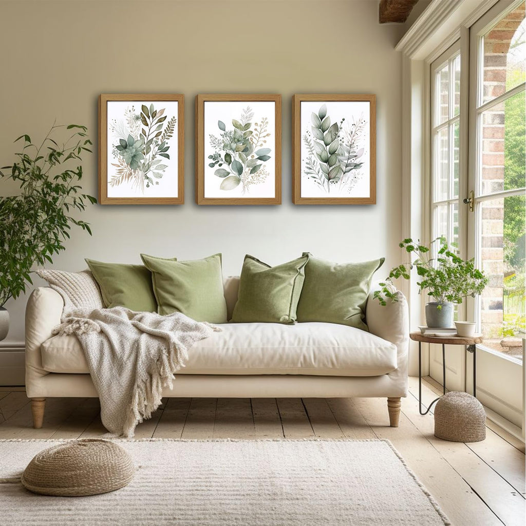 Sage Green Botanical Wall Art Set of 3, Eucalyptus Leaf Canvas Prints, Minimalist Watercolor Style Boho Nature Plant