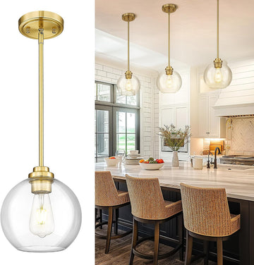 8 inch Modern Gold Pendant Light Fixtures, Mid Century Globe Pendant Lights with Clear Glass, 1 Light Hanging Lights