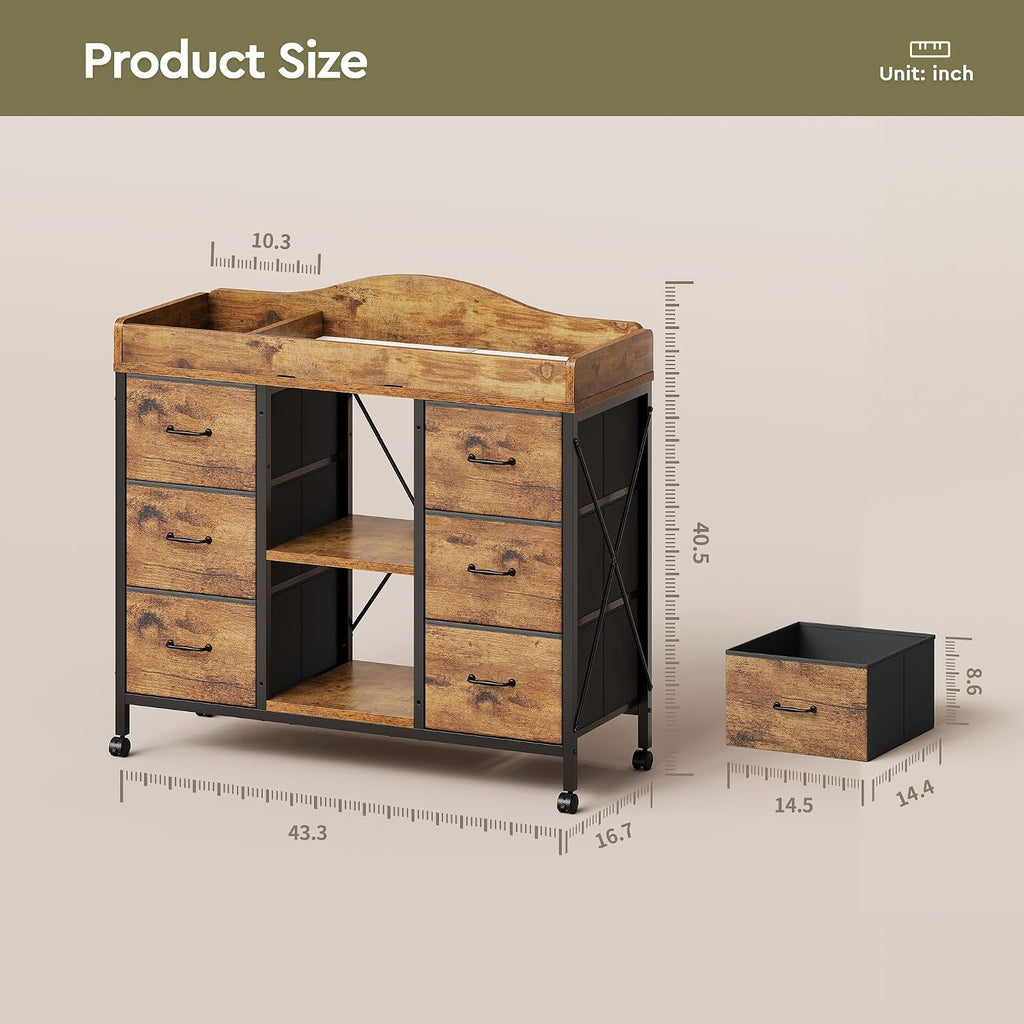 Changing Table, 6-Drawer Dresser, Adjustable Shelves, Rustic Brown | Changing Table,Waterproof Diaper pad & Safety