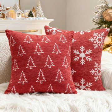 Christmas Chenille Pillow Covers 20x20, Reversible Snowflake & Tree Design, Cozy Farmhouse Holiday Throw - Set of 2