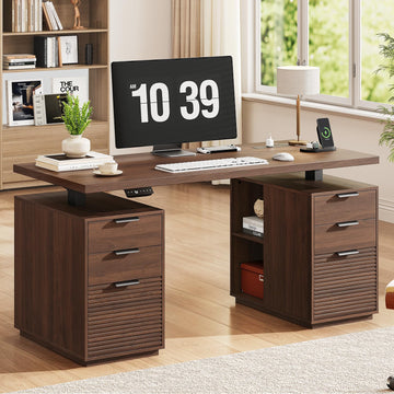 63" Electric Standing Desk with 6 Drawers, Storage Shelves, Walnut