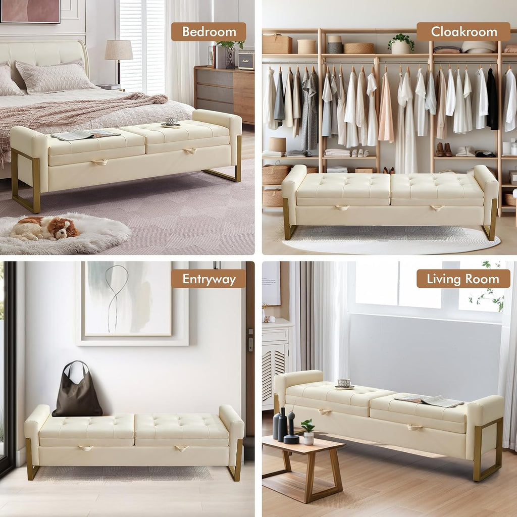 67" Storage Bench End of Bed King Size, Light Cream | Double Lids, Upholstered Faux Leather Storage Bench with Golden