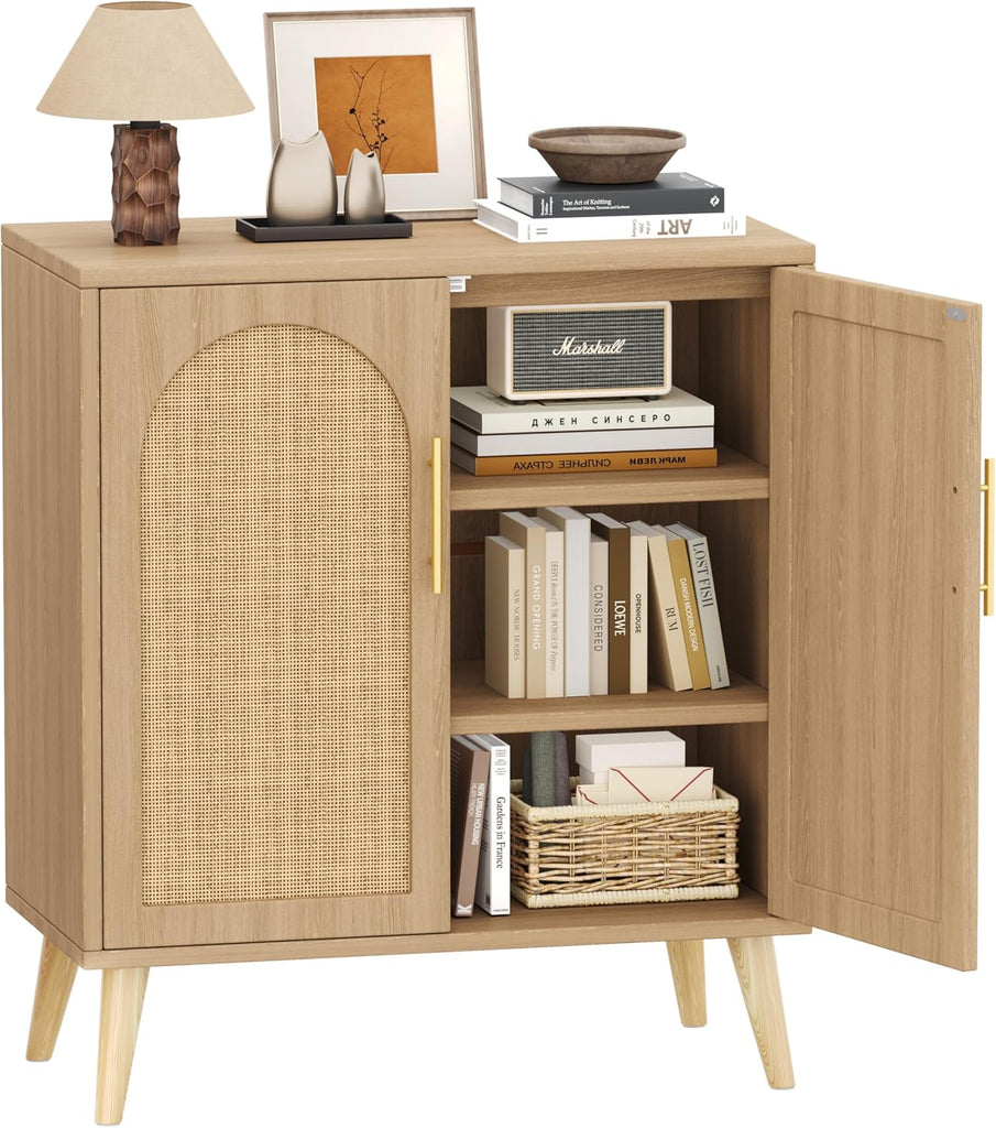 15.7" D Rattan Storage Cabinet with 2 Doors & Adjustable Shelf | Accent Buffet Sideboard Cabinet with Solid Wood