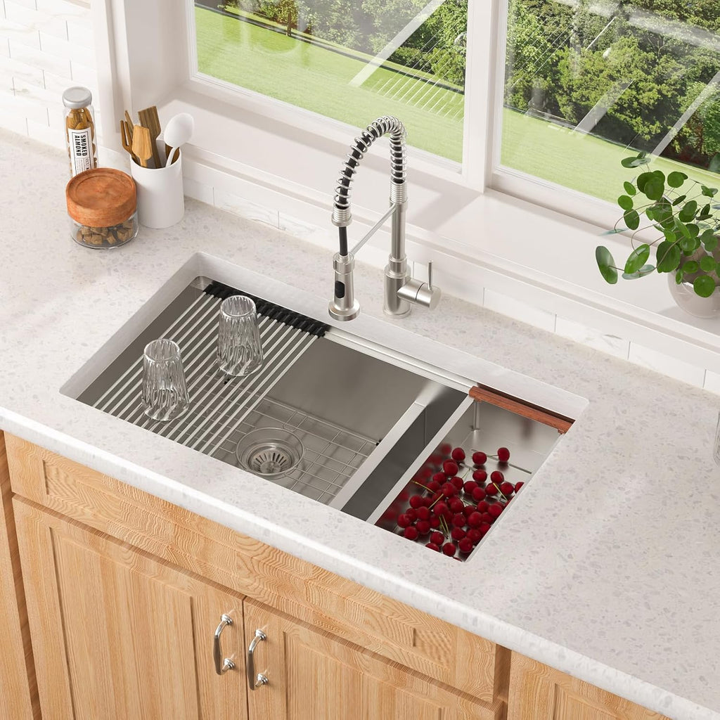 Undermount Double Kitchen Sink 32 Inch 16 Gauge Undermount Workstation 60/40 Double Bowl Sink Stainless Steel with