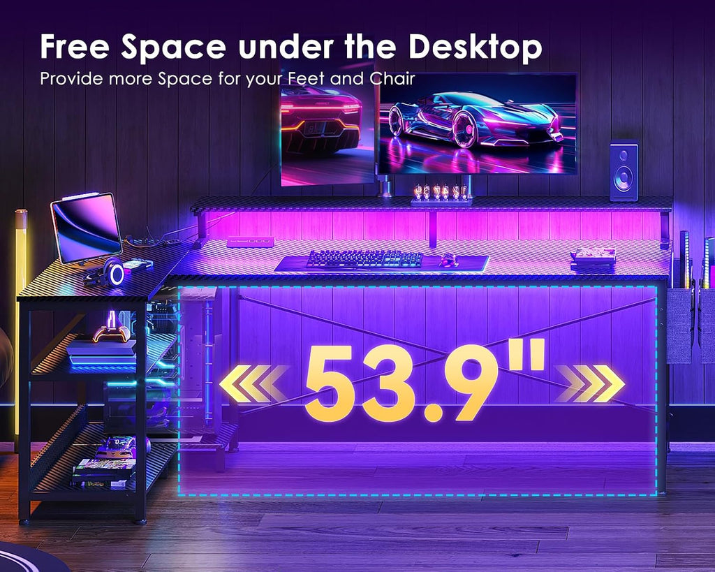 ODK 66 Inch L Shaped Gaming Desk with LED Lights, Power Outlets, Black