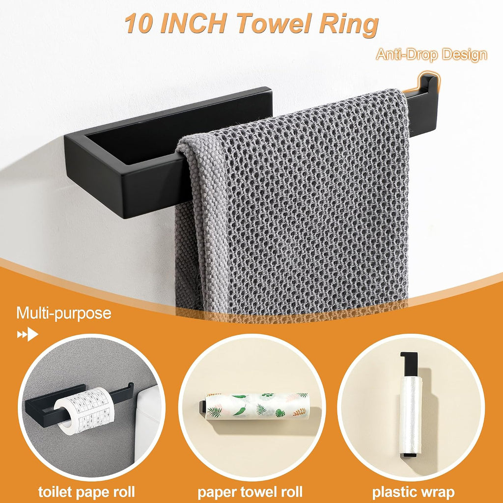 7-Piece Bathroom Hardware Set Black, Includes 16 Inch Towel Bar, Towel Ring, Toilet Paper Holder & 4Pcs Coat Hooks